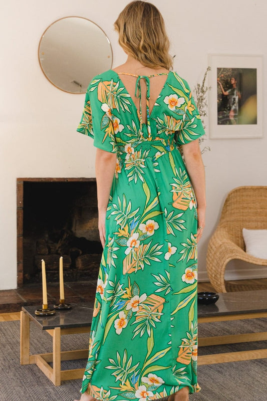 ODDI Full Size Floral Smocked Tied Back Maxi Dress - Trendsi