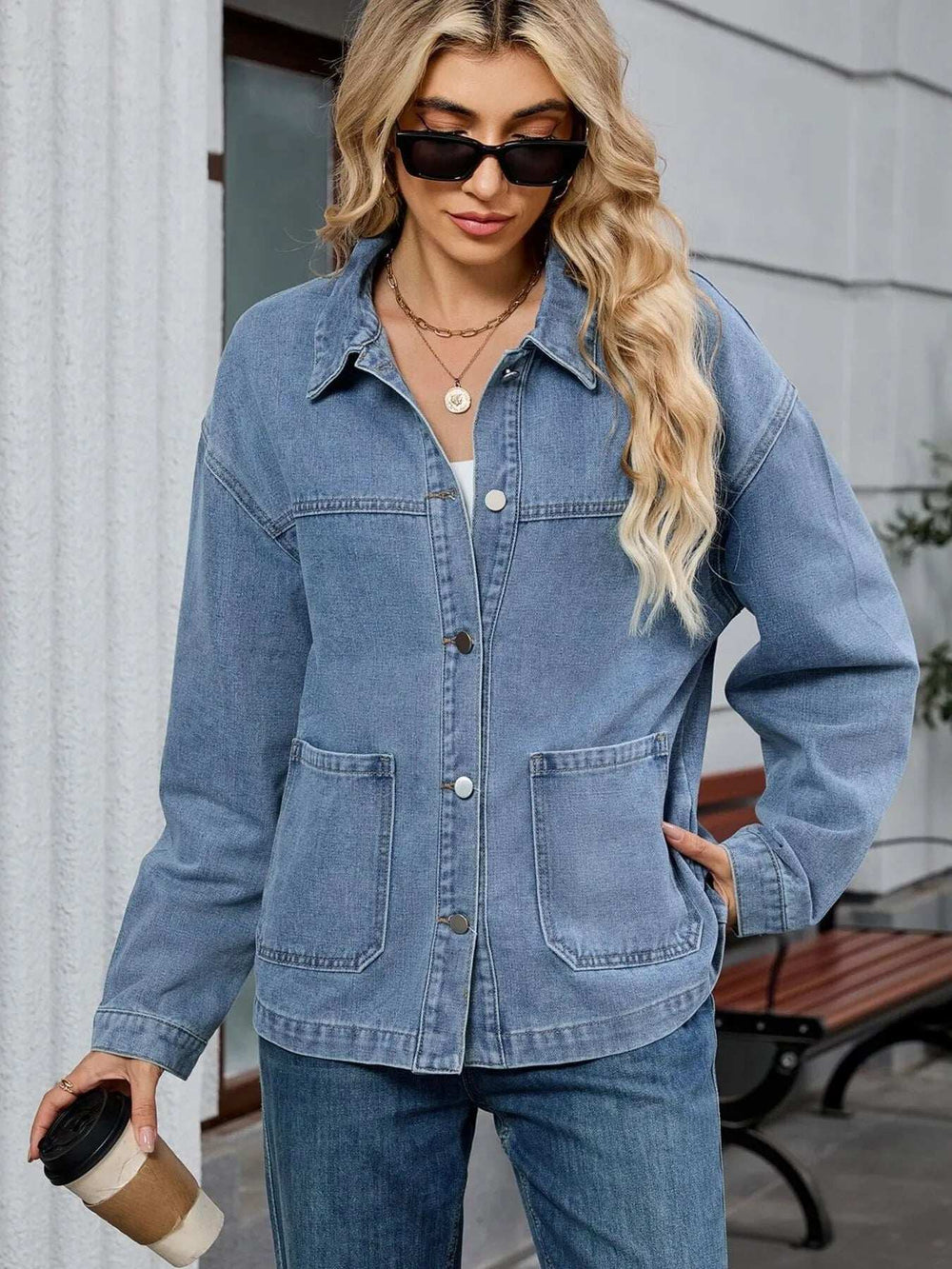 Washed Oversized Button Down Denim Jacket - Trendsi - Flyclothing LLC