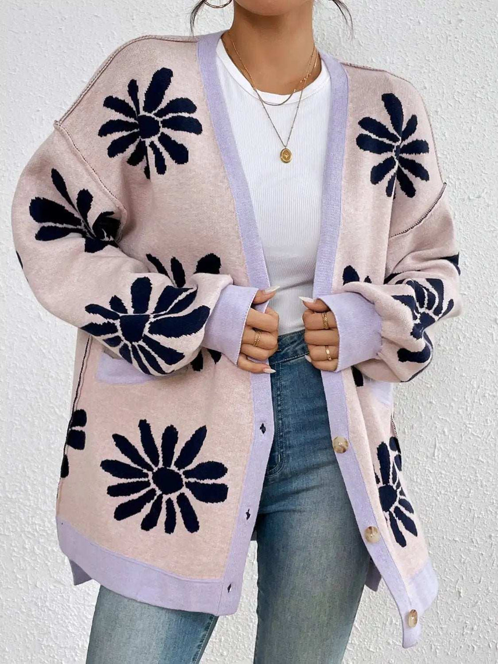 Contrast Dropped Shoulder Long Sleeve Cardigan - Trendsi - Flyclothing LLC