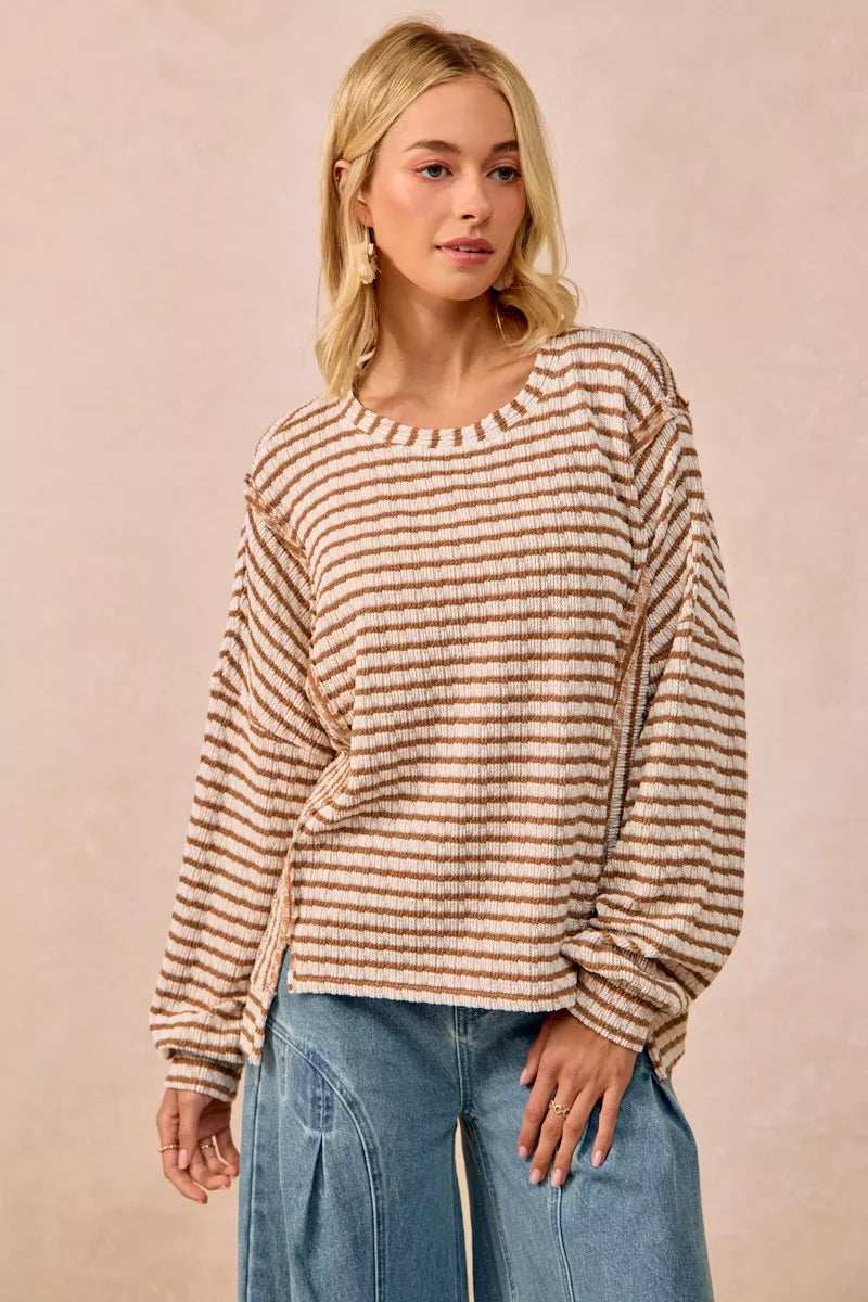 BiBi Open Seam Detail Textured Stripe Knit Top - Trendsi - Flyclothing LLC