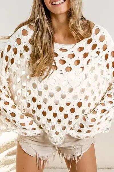 Cutout Round Neck Dropped Shoulder Knit Cover Up - Trendsi