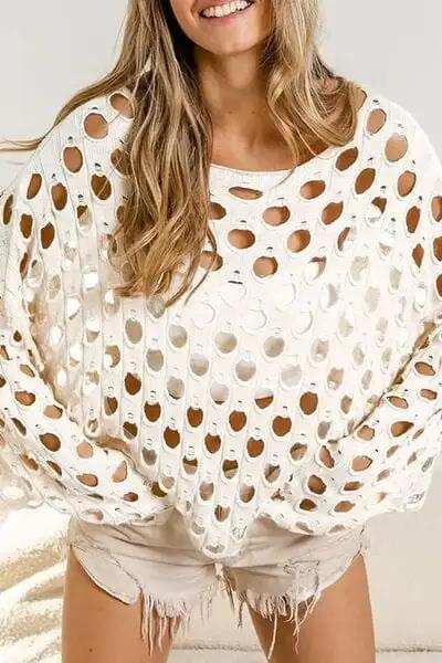 Cutout Round Neck Dropped Shoulder Knit Cover Up - Trendsi - Flyclothing LLC