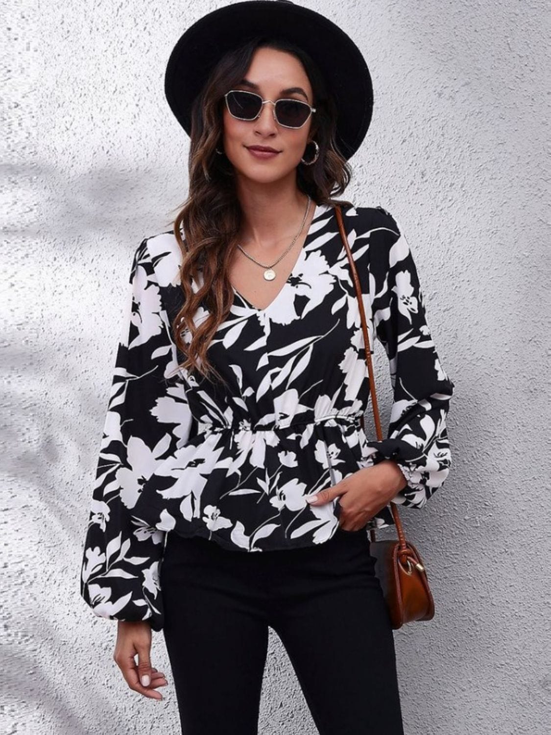 Printed V-Neck Long Sleeve Blouse - Trendsi