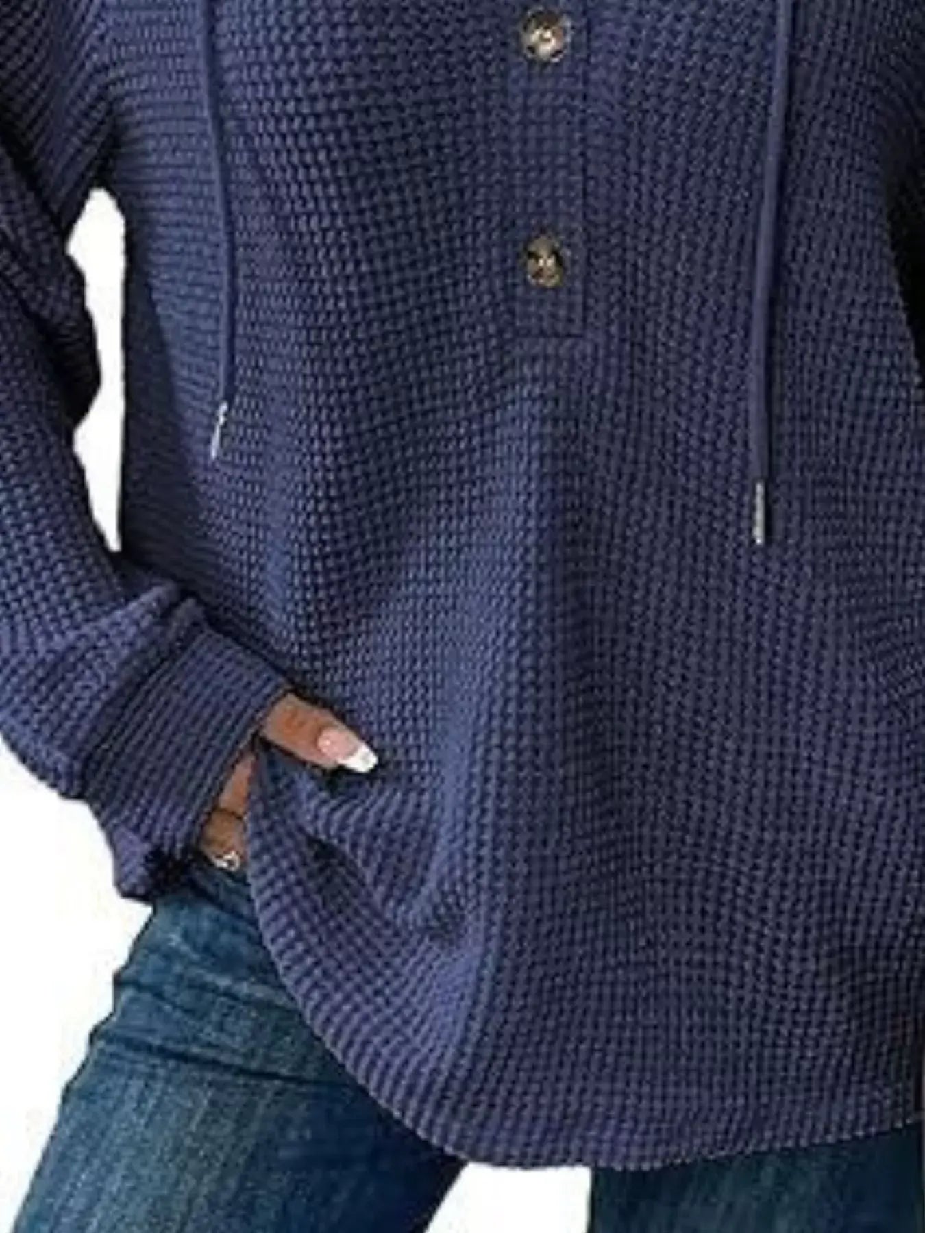 Full Size Button Detail Waffle Knit Hoodie Plus Size - Trendsi - Flyclothing LLC