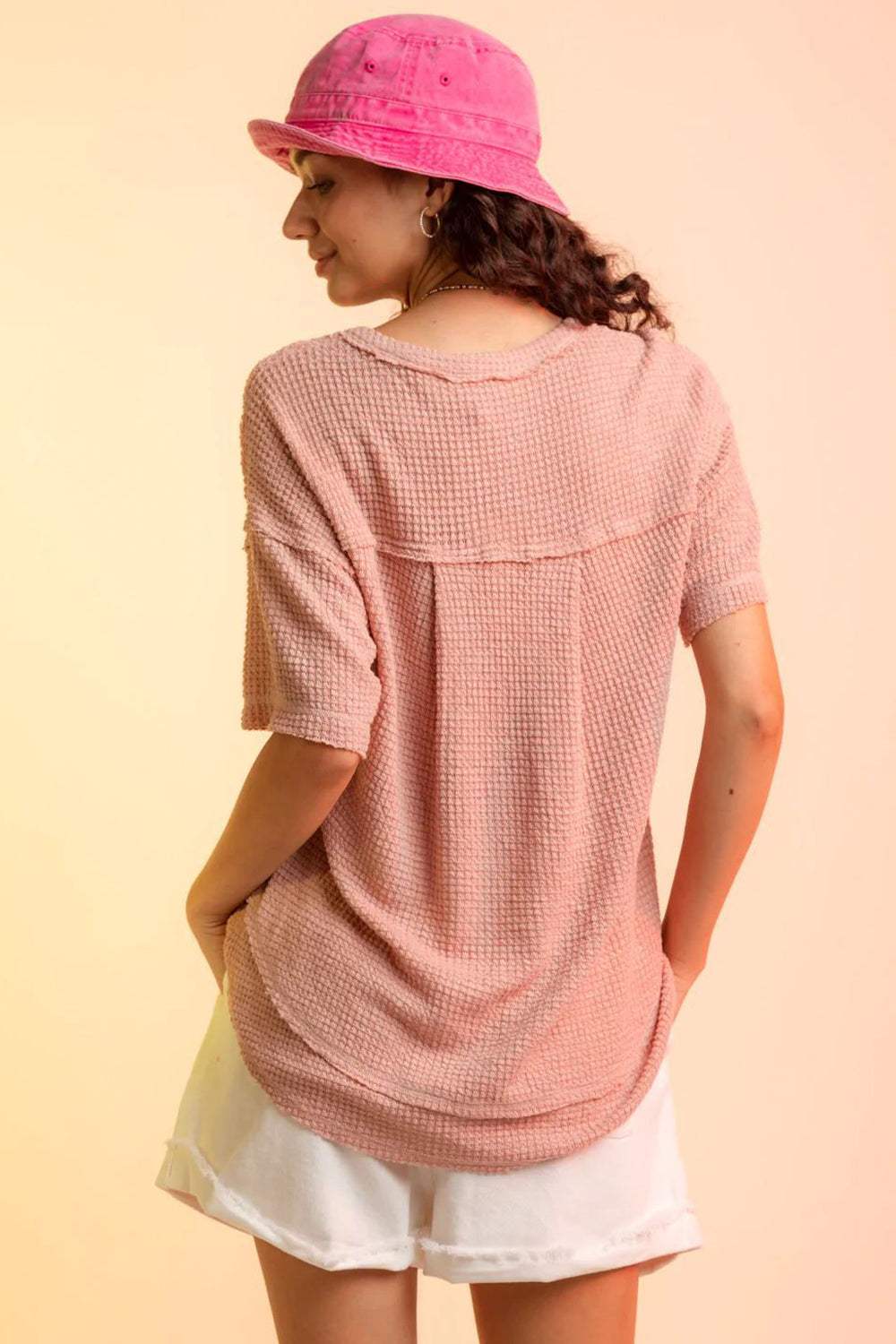 Waffle-Knit Notched Half Sleeve T-Shirt - Trendsi - Flyclothing LLC