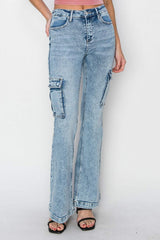 RISEN Full Size High Rise Cargo Flare Jeans - Trendsi - Flyclothing LLC