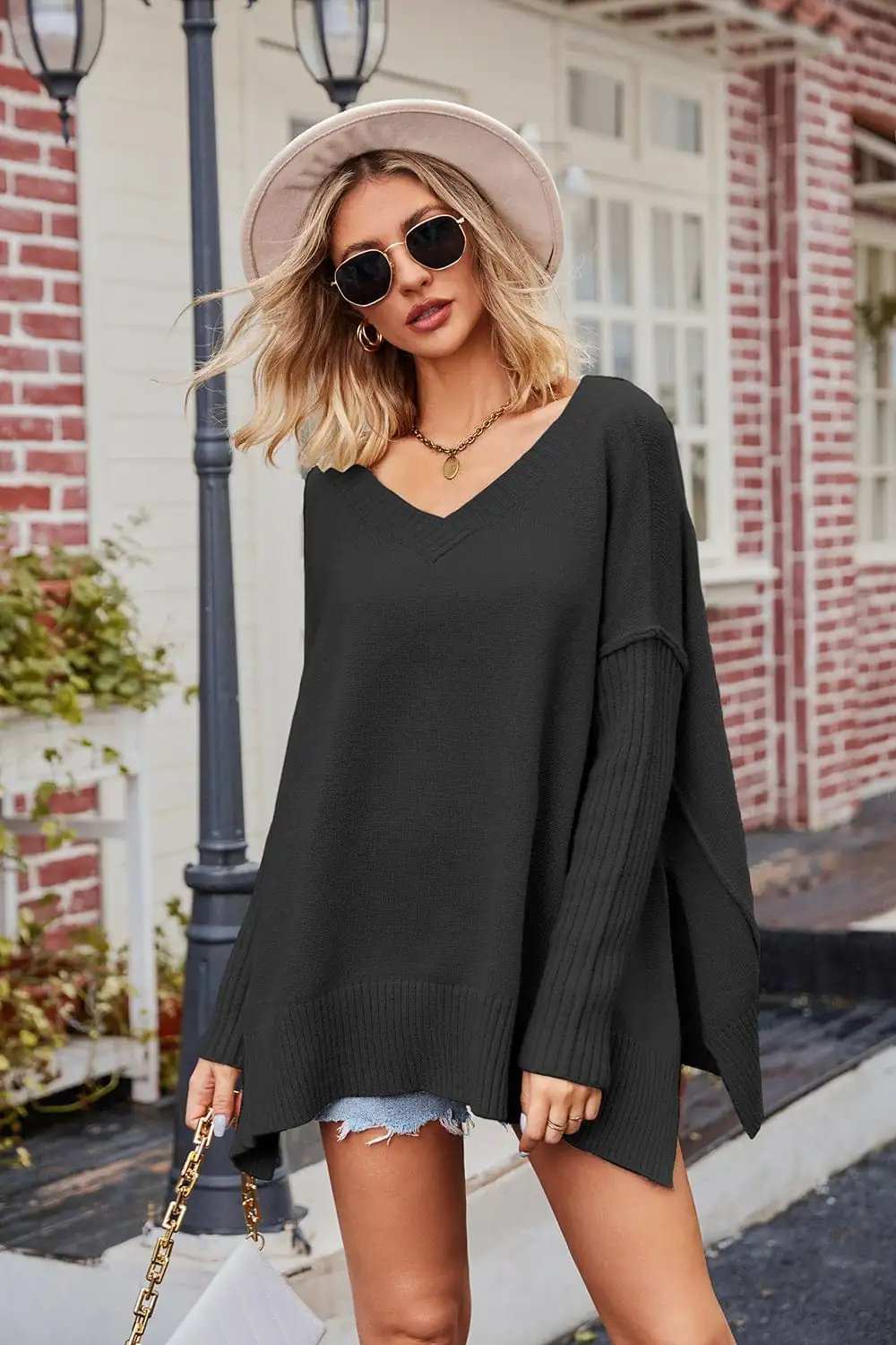 Slit V-Neck Dropped Shoulder Sweater - Trendsi - Flyclothing LLC