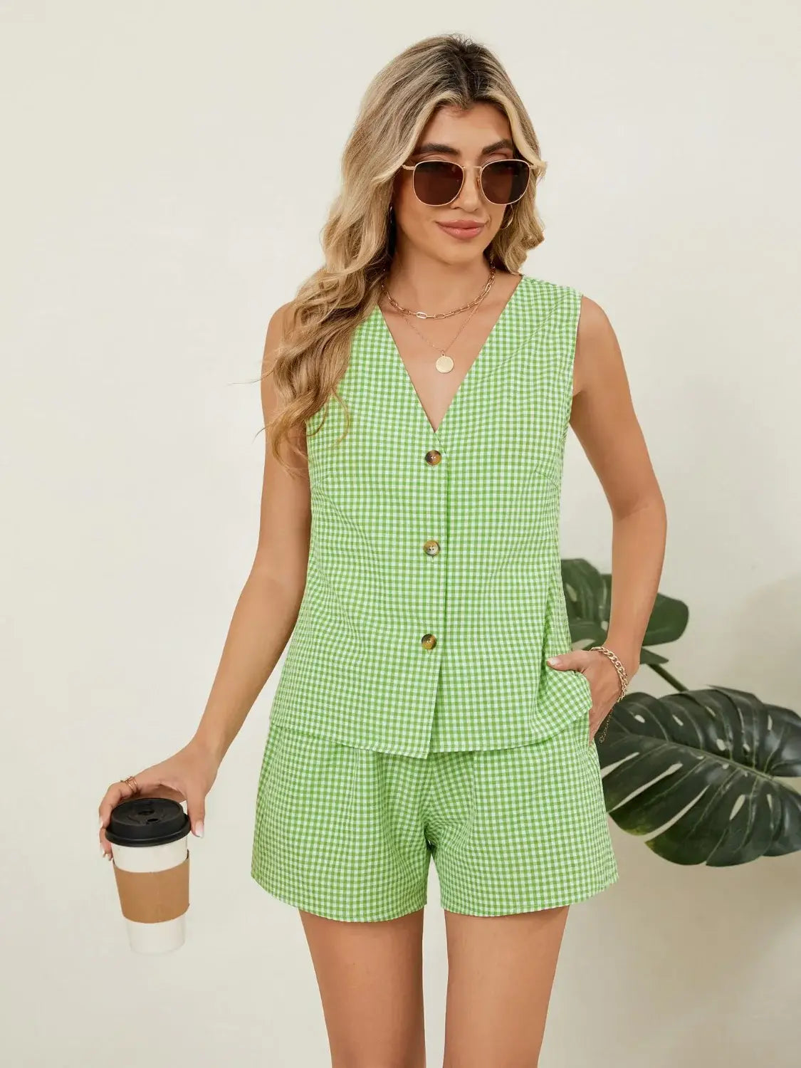Plaid V-Neck Sleeveless Top and Shorts Set - Trendsi - Flyclothing LLC
