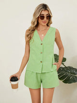 Plaid V-Neck Sleeveless Top and Shorts Set - Trendsi - Flyclothing LLC