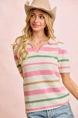 BiBi Multi Colors Stripes Collared Knit Top - Trendsi - Flyclothing LLC