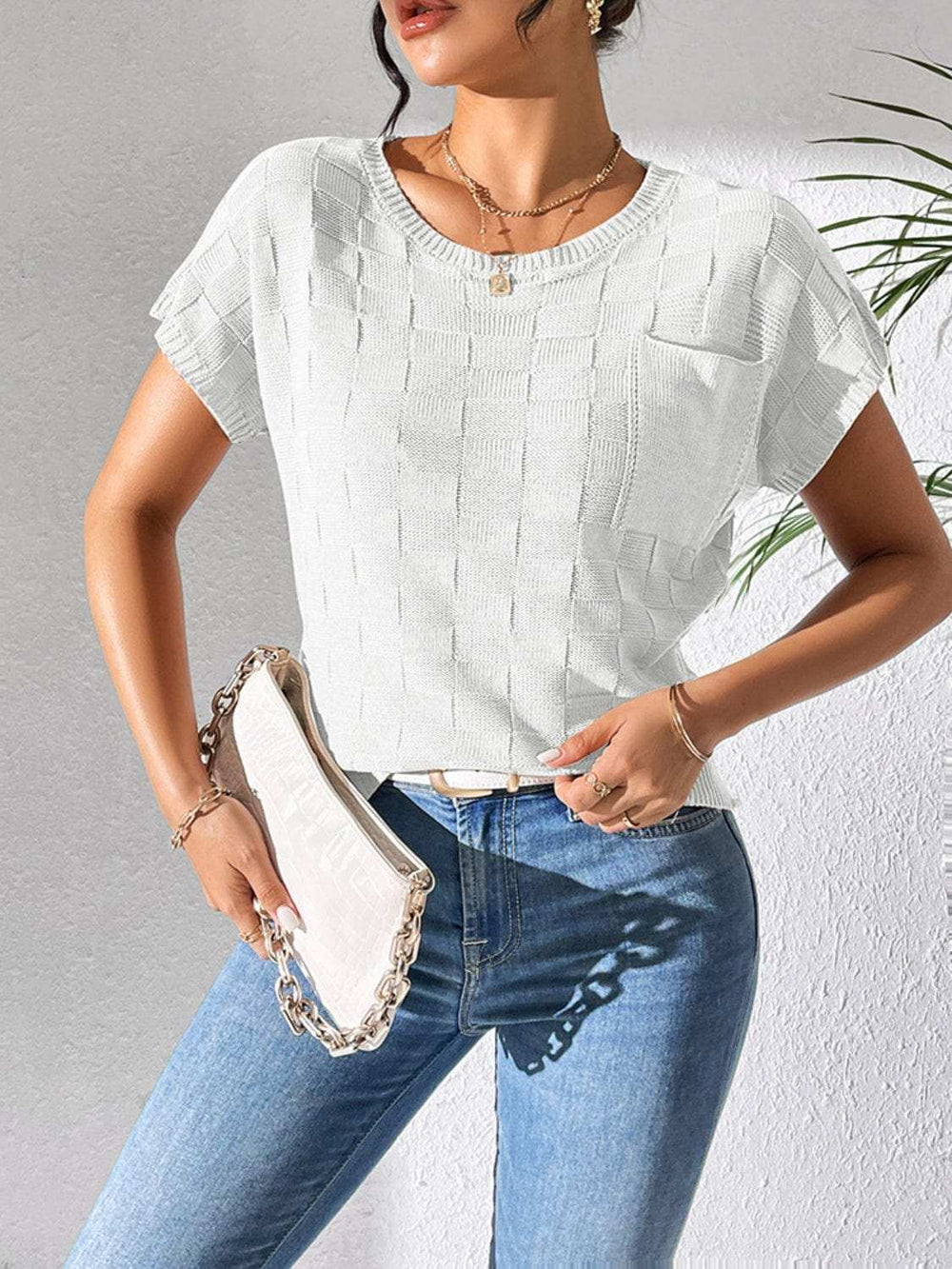 Round Neck Short Sleeve Knit Top - Trendsi - Flyclothing LLC