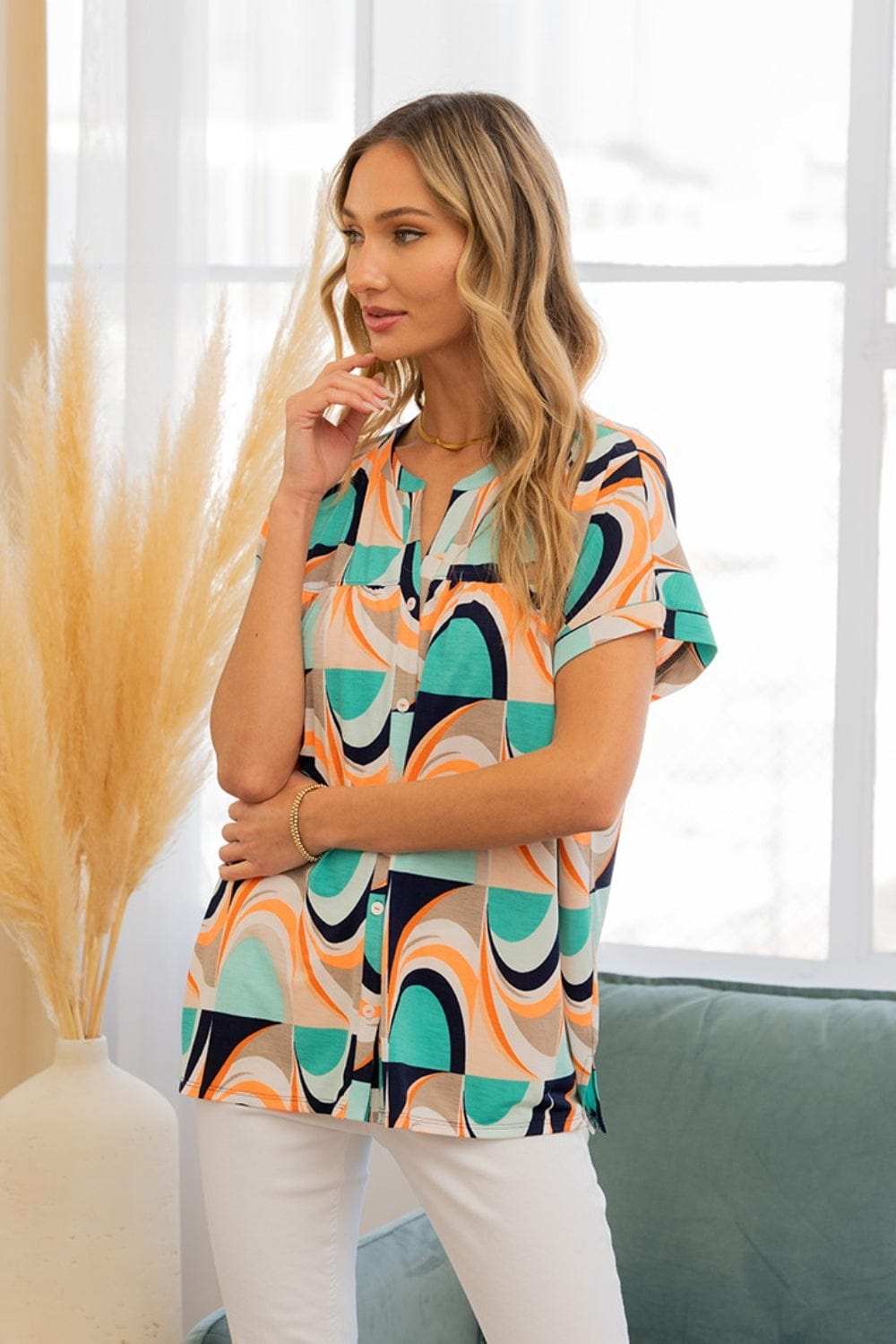 Sew In Love Wrinkle-Free Geometric Short Sleeve Shirt - Trendsi - Flyclothing LLC