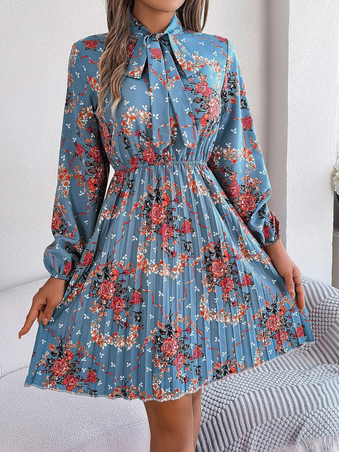 Pleated Printed Tie Neck Long Sleeve Dress - Trendsi - Flyclothing LLC