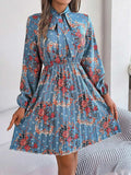 Pleated Printed Tie Neck Long Sleeve Dress - Trendsi - Flyclothing LLC