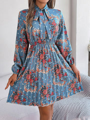 Pleated Printed Tie Neck Long Sleeve Dress - Trendsi