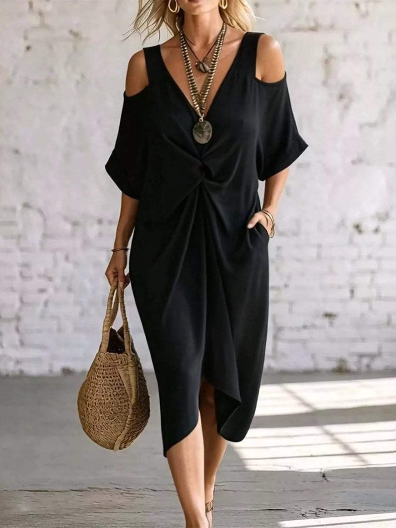 Full Size Cold Shoulder Twist Front Midi Dress Plus Size - Trendsi - Flyclothing LLC