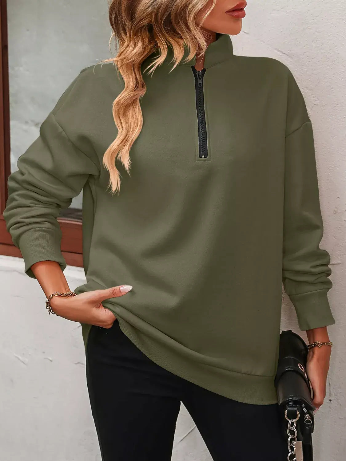 Quarter Zip Dropped Shoulder Sweatshirt - Trendsi - Flyclothing LLC