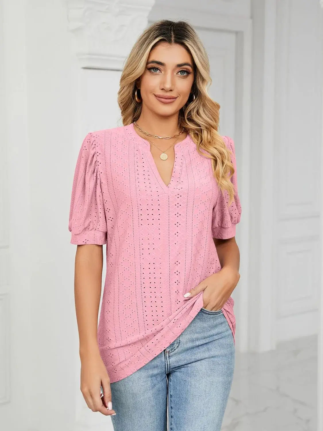 Florira Eyelet Notched Short Sleeve T-Shirt - Trendsi - Flyclothing LLC