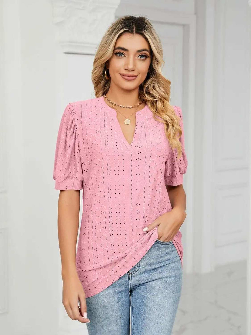 Florira Eyelet Notched Short Sleeve T-Shirt - Trendsi - Flyclothing LLC