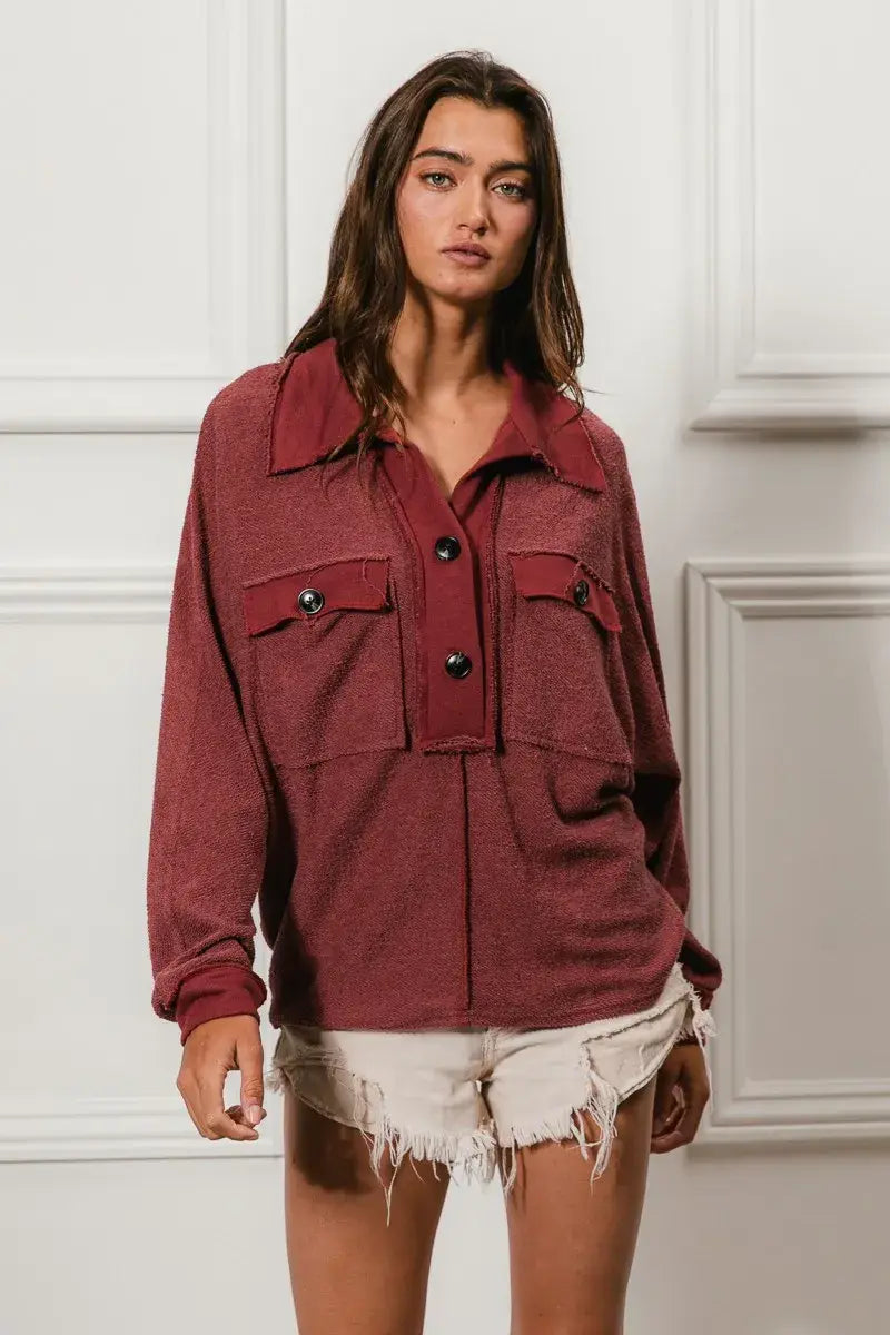 BiBi Cp French Terry Cut Edge Detail Collared Top - Trendsi - Flyclothing LLC