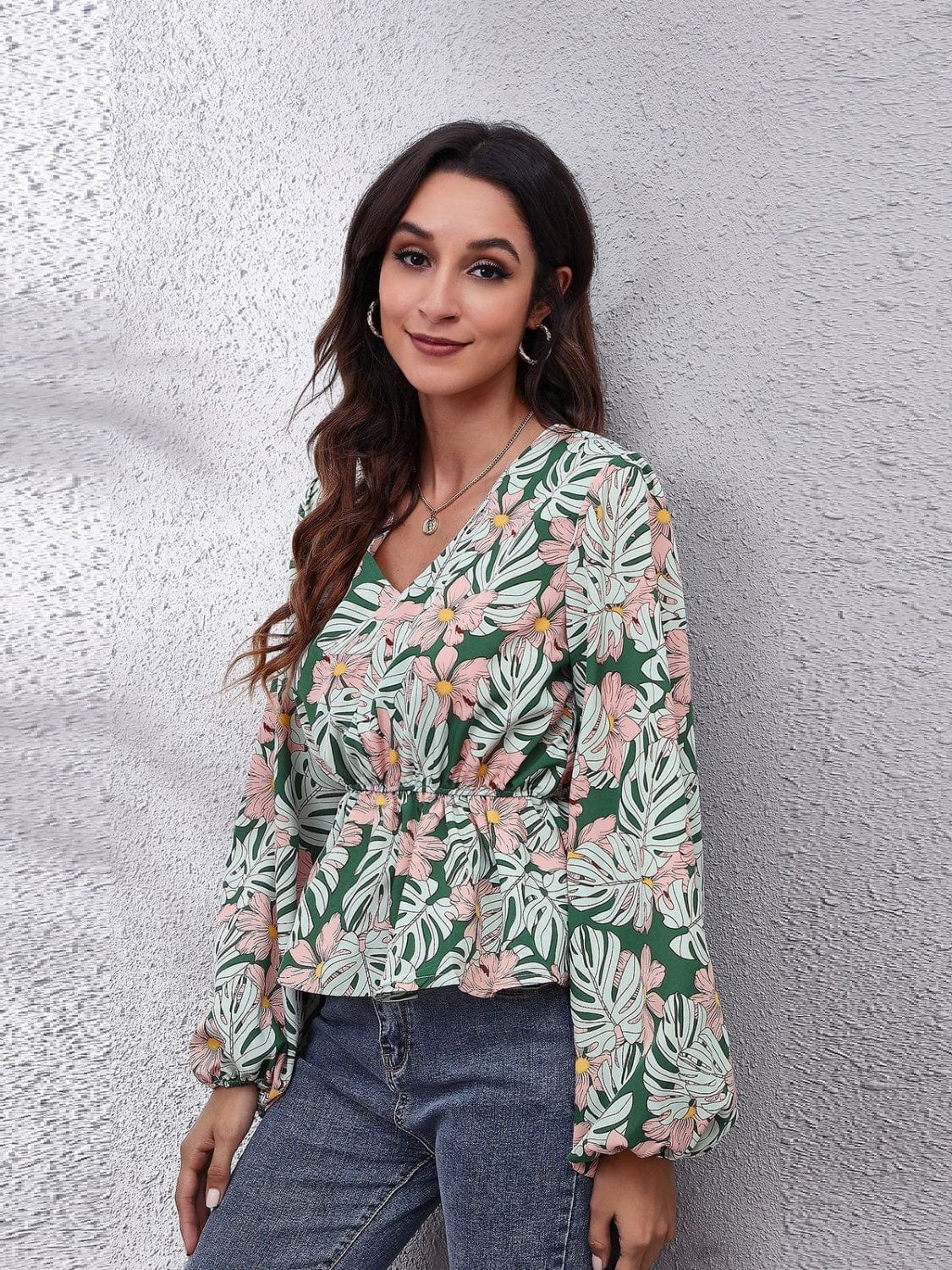 Ruched Printed V-Neck Long Sleeve Blouse - Trendsi