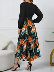 Pleated Printed Surplice Long Sleeve Dress - Trendsi