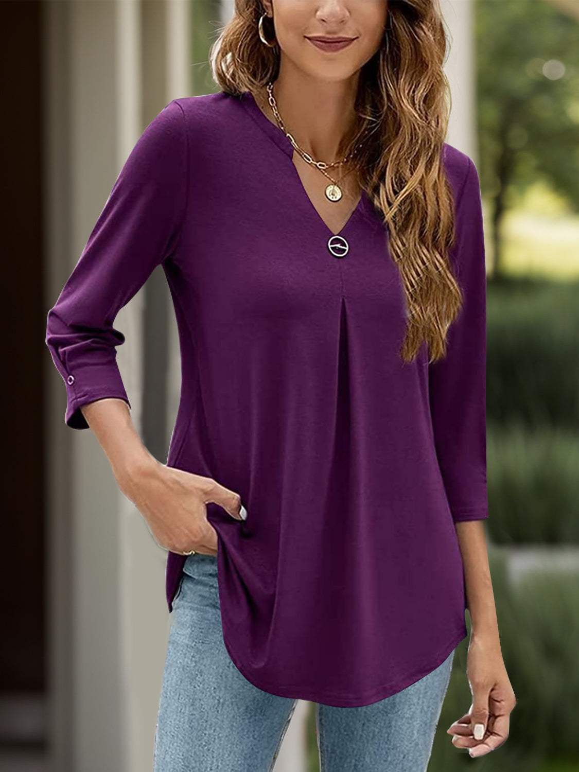 Notched Three-Quarter Sleeve T-Shirt - Trendsi - Flyclothing LLC