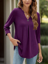 Notched Three-Quarter Sleeve T-Shirt - Trendsi - Flyclothing LLC