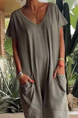 Full Size Casual V-Neck Short Sleeve Jumpsuit with Pockets Plus Size - Trendsi - Flyclothing LLC