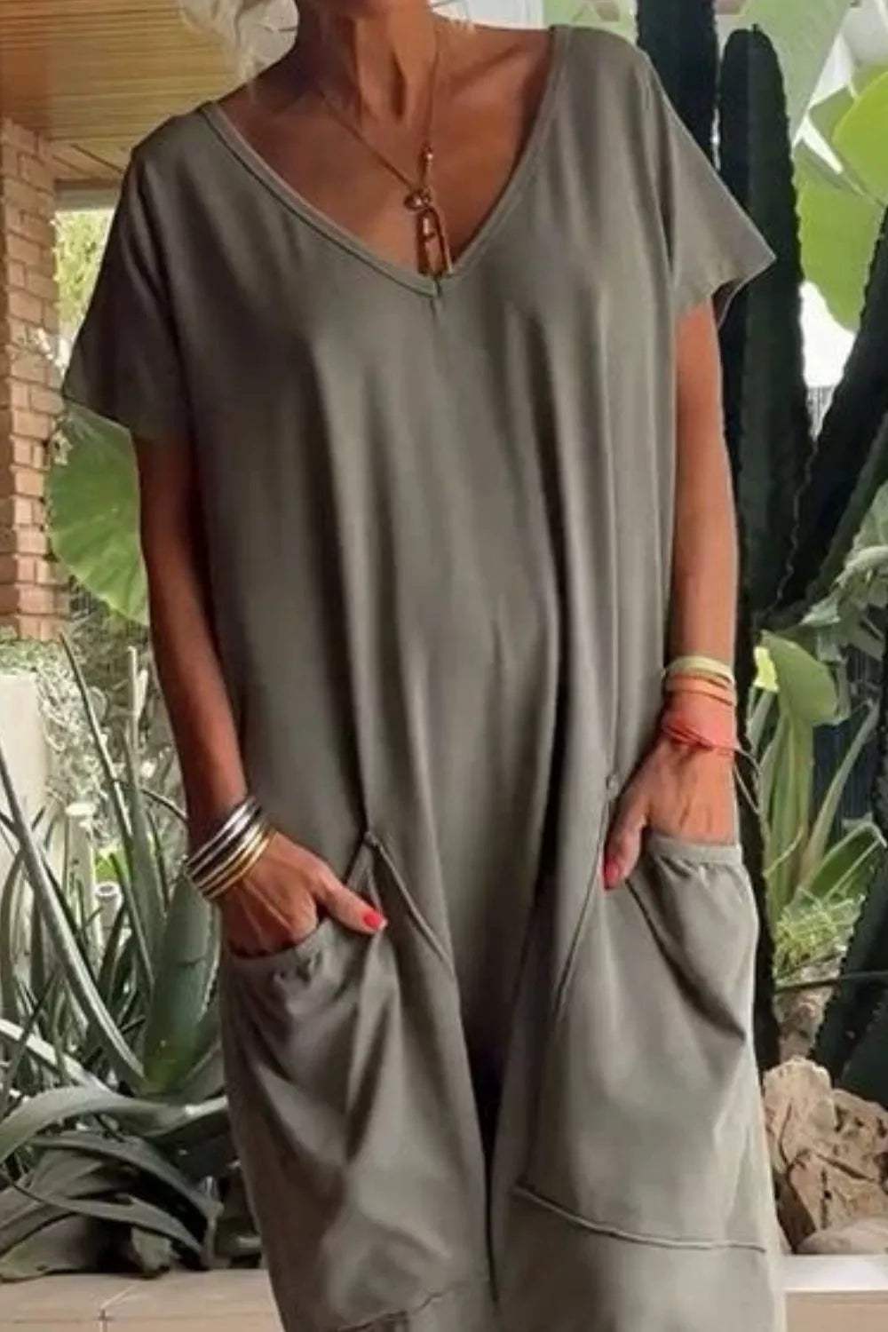 Full Size Casual V-Neck Short Sleeve Jumpsuit with Pockets Plus Size - Trendsi - Flyclothing LLC