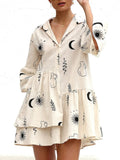 Printed Collared Neck Three-Quarter Sleeve Mini Dress - Trendsi