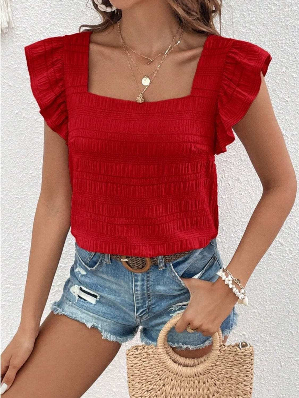 Ruffled Square Neck Cap Sleeve Blouse - Trendsi - Flyclothing LLC