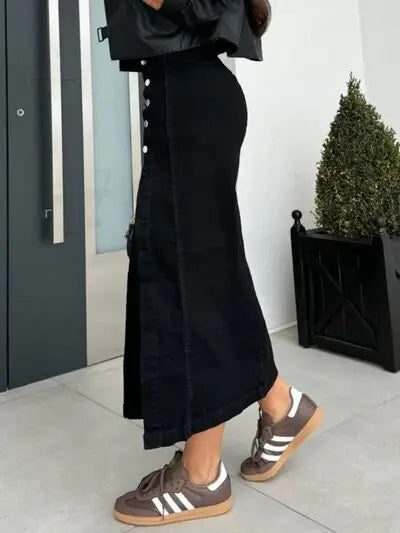 Front Button Slit Midi Denim Skirt - Trendsi - Flyclothing LLC