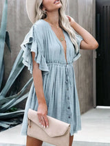 Drawstring Ruffled Half Sleeve Mini Dress - Trendsi - Flyclothing LLC