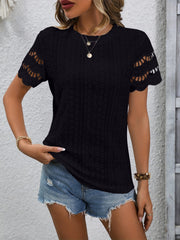 Full Size Eyelet Round Neck Short Sleeve Top - Trendsi