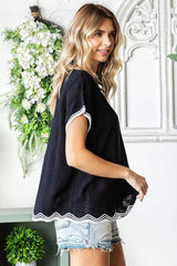 First Love Full Size Contrast Wavy Crochet Drop Shoulder Knit Top - Trendsi - Flyclothing LLC