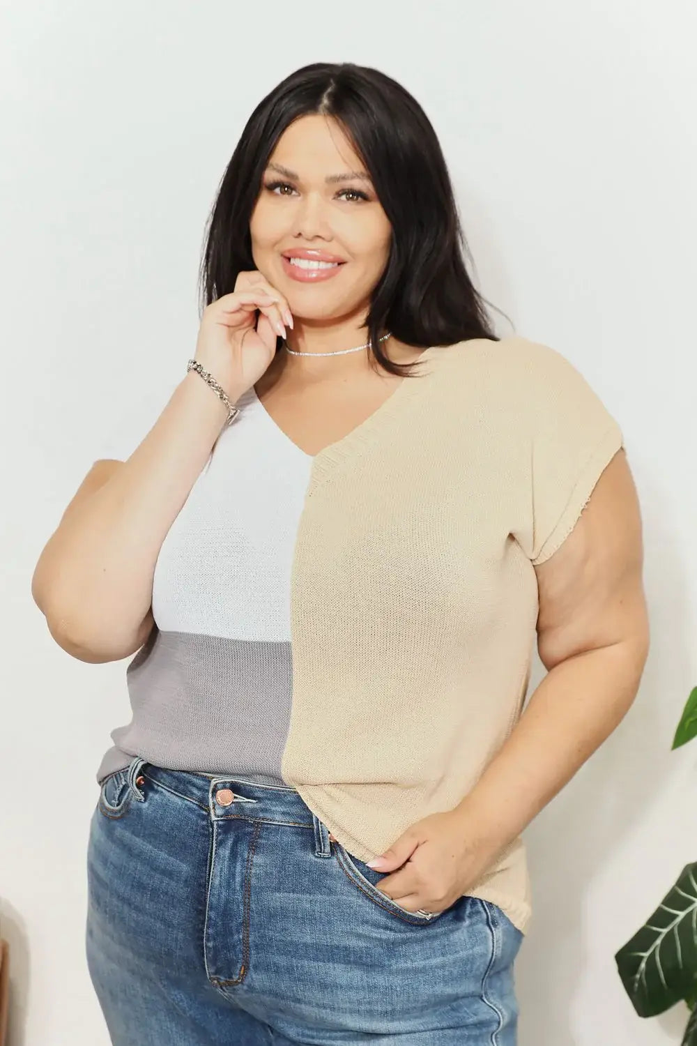 Color Block V-Neck Knit Top - Trendsi - Flyclothing LLC