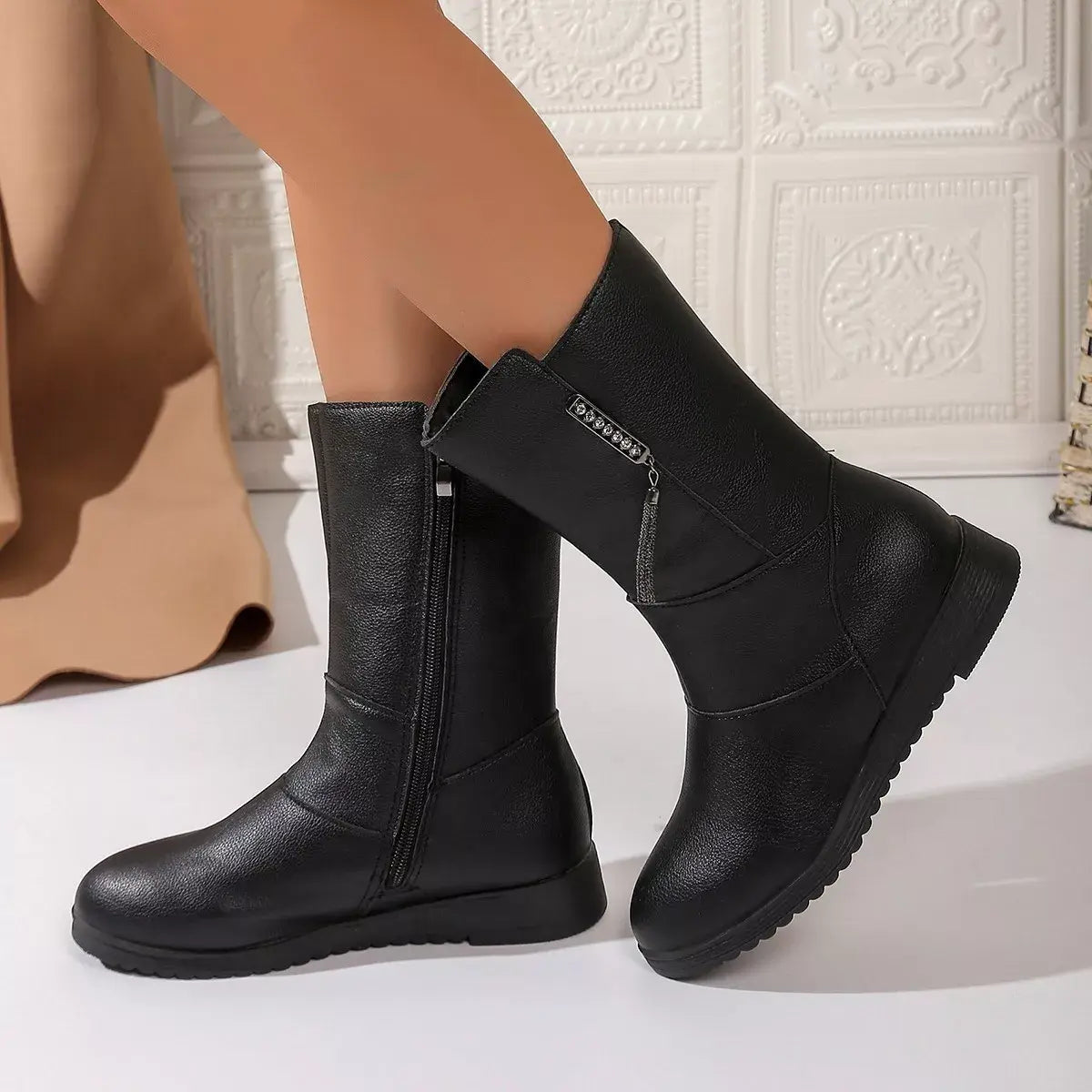 Round Toe Side Zip Boots - Trendsi - Flyclothing LLC