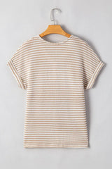 Stripe Buttoned Front V Neck T Shirt - Trendsi - Flyclothing LLC