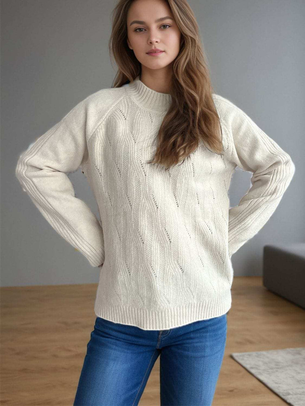 Mock Neck Long Sleeve Sweater - Trendsi - Flyclothing LLC