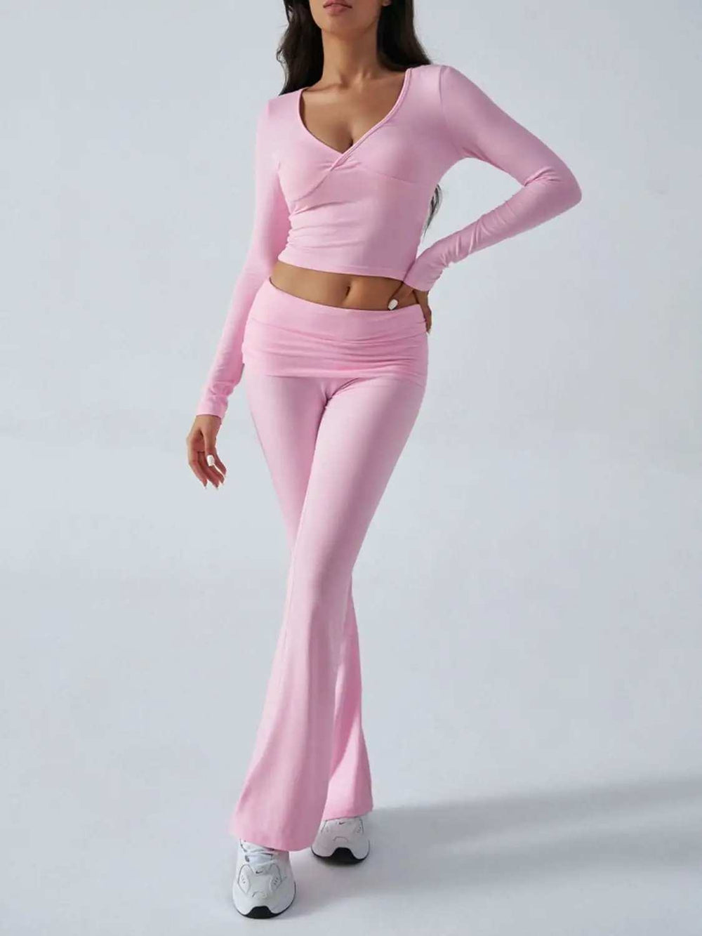 Devine Ruched Long Sleeve Top and Pants Set - Trendsi - Flyclothing LLC