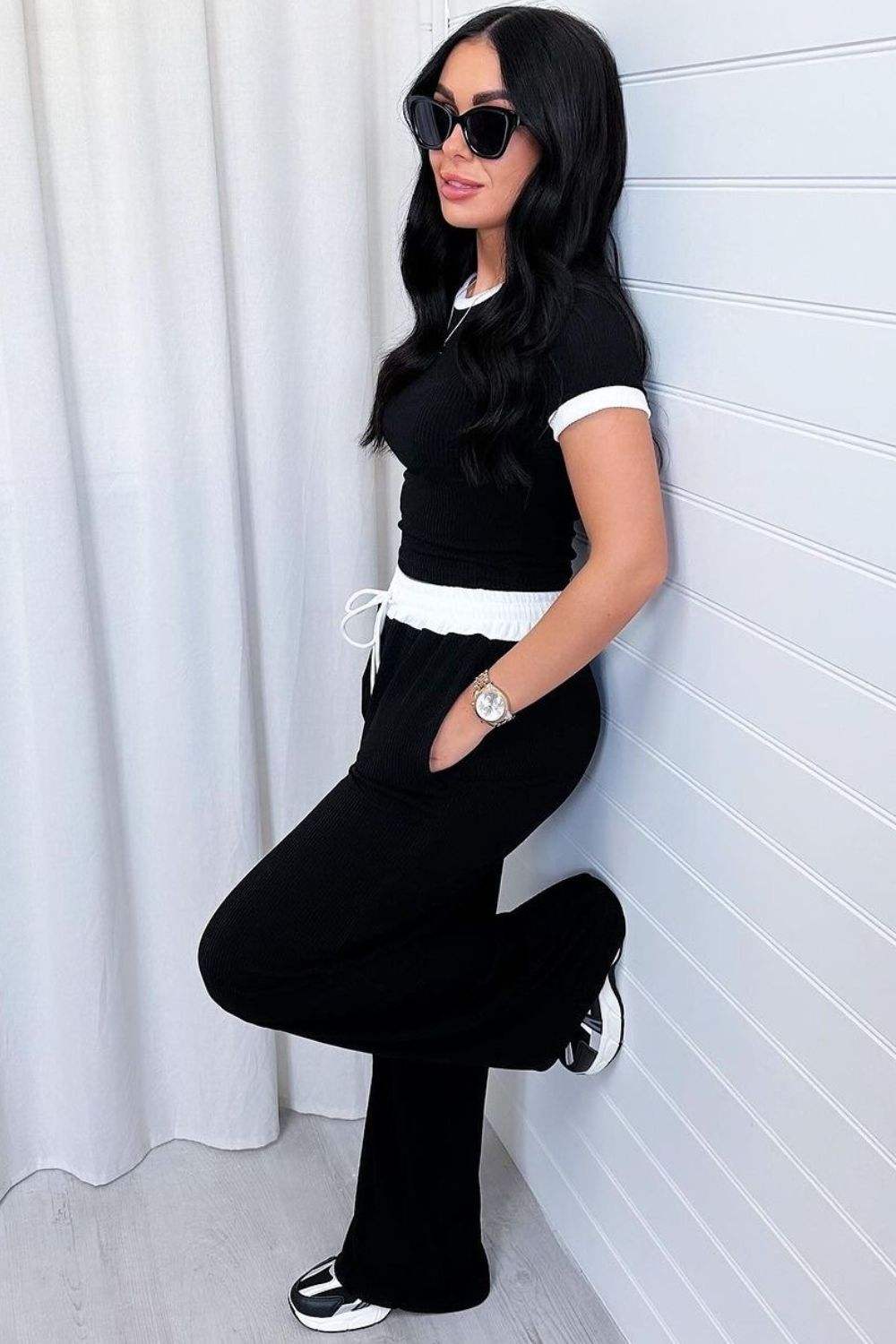 Contrast Trim Round Neck Top and Pants Set - Trendsi - Flyclothing LLC