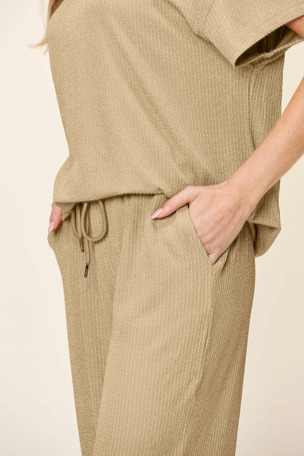 Double Take Full Size Texture Round Neck Short Sleeve T-Shirt and Wide Leg Pants - Trendsi - Flyclothing LLC