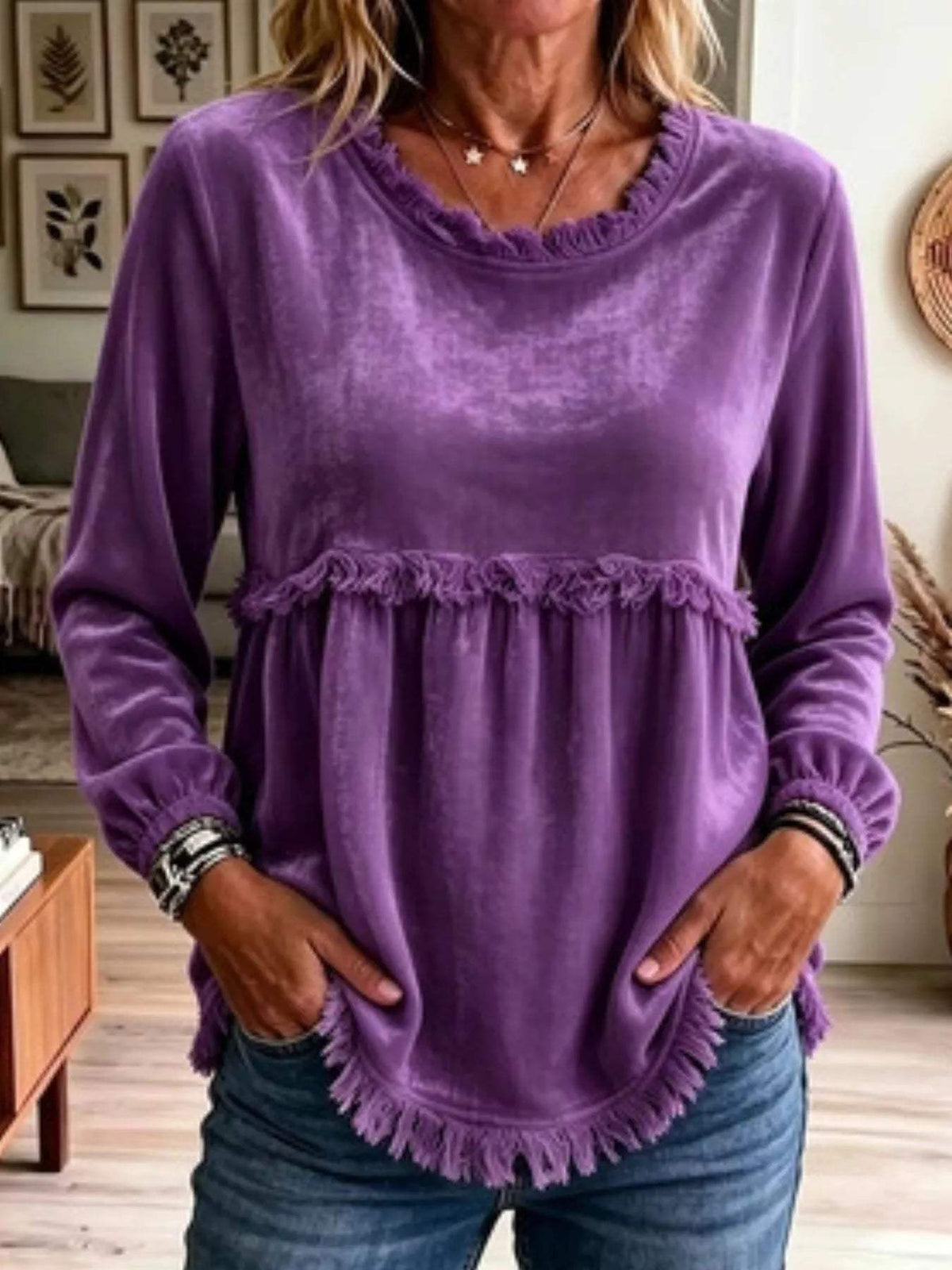 Fringed Hem Long Sleeve T-Shirt - Trendsi - Flyclothing LLC