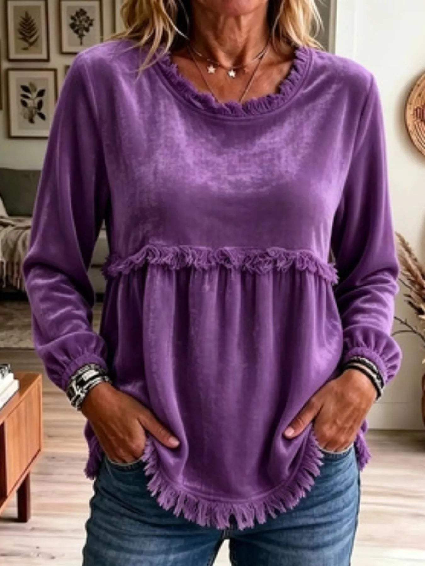 Fringed Hem Long Sleeve T-Shirt - Trendsi - Flyclothing LLC