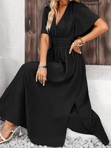 Side Slit Surplice Flutter Sleeve Midi Dress - Trendsi - Flyclothing LLC