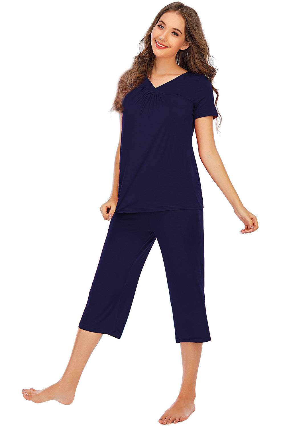 V-Neck Short Sleeve Top and Pants Lounge Set - Trendsi - Flyclothing LLC