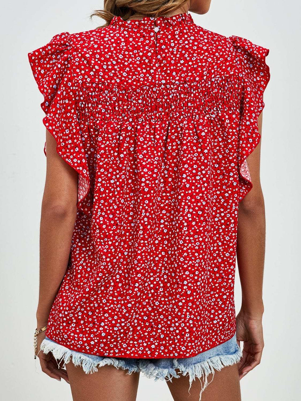 Ruffled Ditsy Floral Mock Neck Cap Sleeve Blouse - Trendsi - Flyclothing LLC