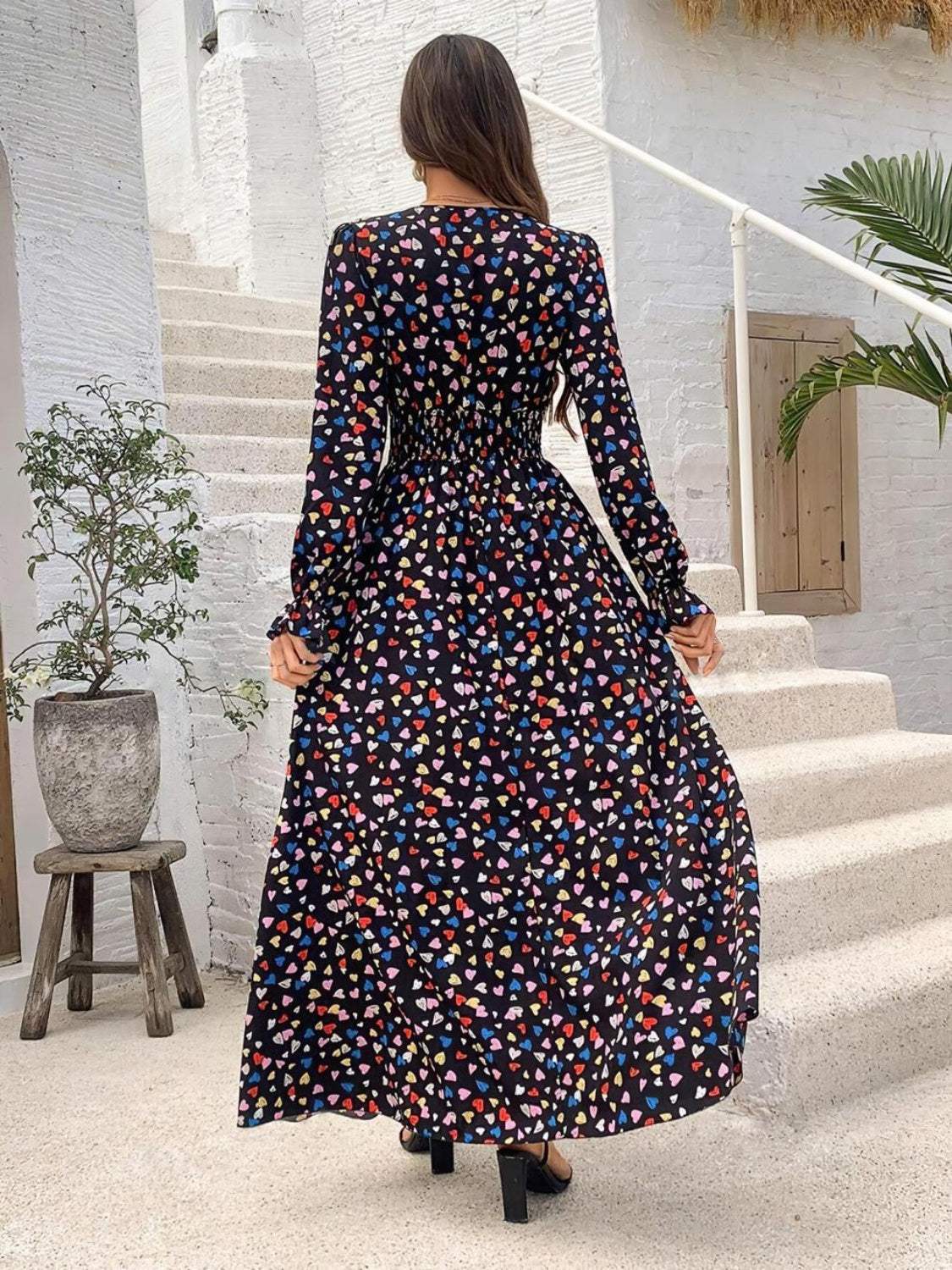 Smocked Printed V-Neck Flounce Sleeve Dress - Trendsi - Flyclothing LLC