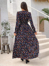 Smocked Printed V-Neck Flounce Sleeve Dress - Trendsi - Flyclothing LLC